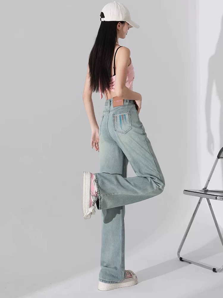 浅蓝色阔腿牛仔裤女2025新款春季复古宽松高腰直筒裤春秋爆款裤子