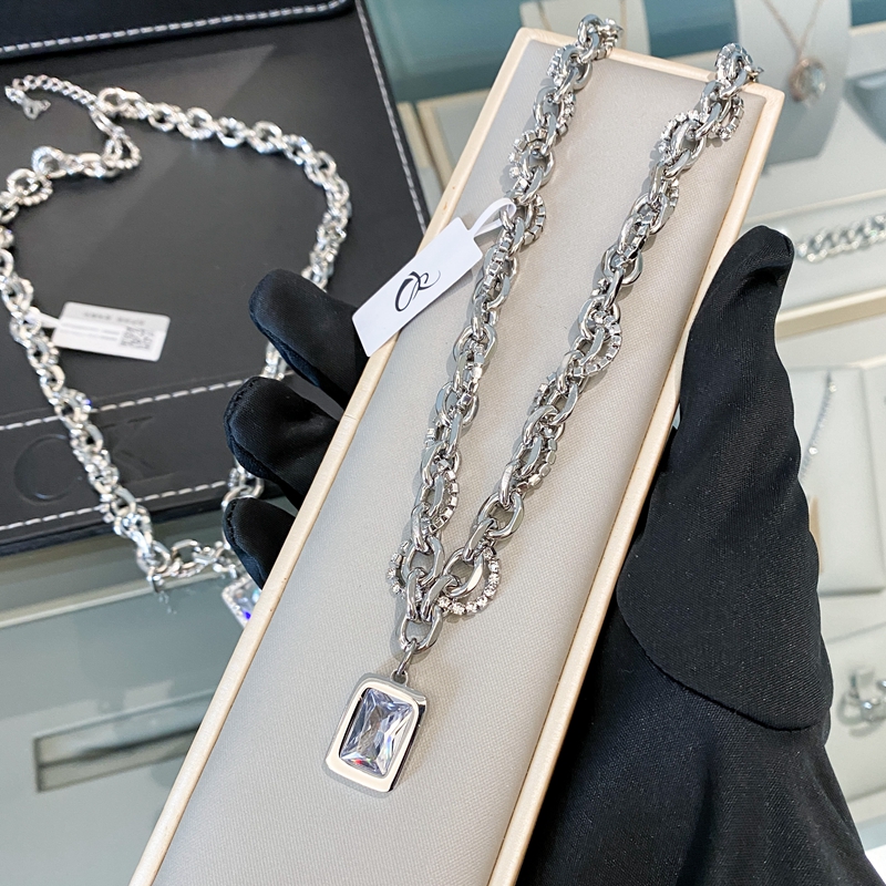 钛钢合成锆石项链 光面外框吊坠  双层宝石叠戴项链N1348