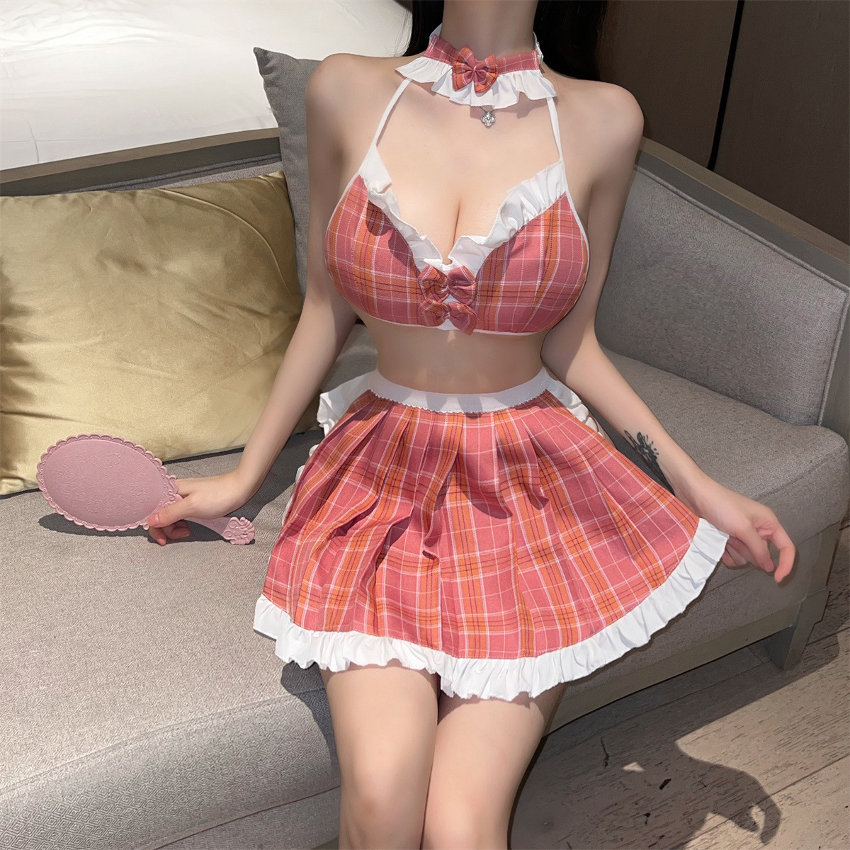 女款爆款战袍少女内衣性感学生装JK制服粉色格子裙火辣睡裙套装