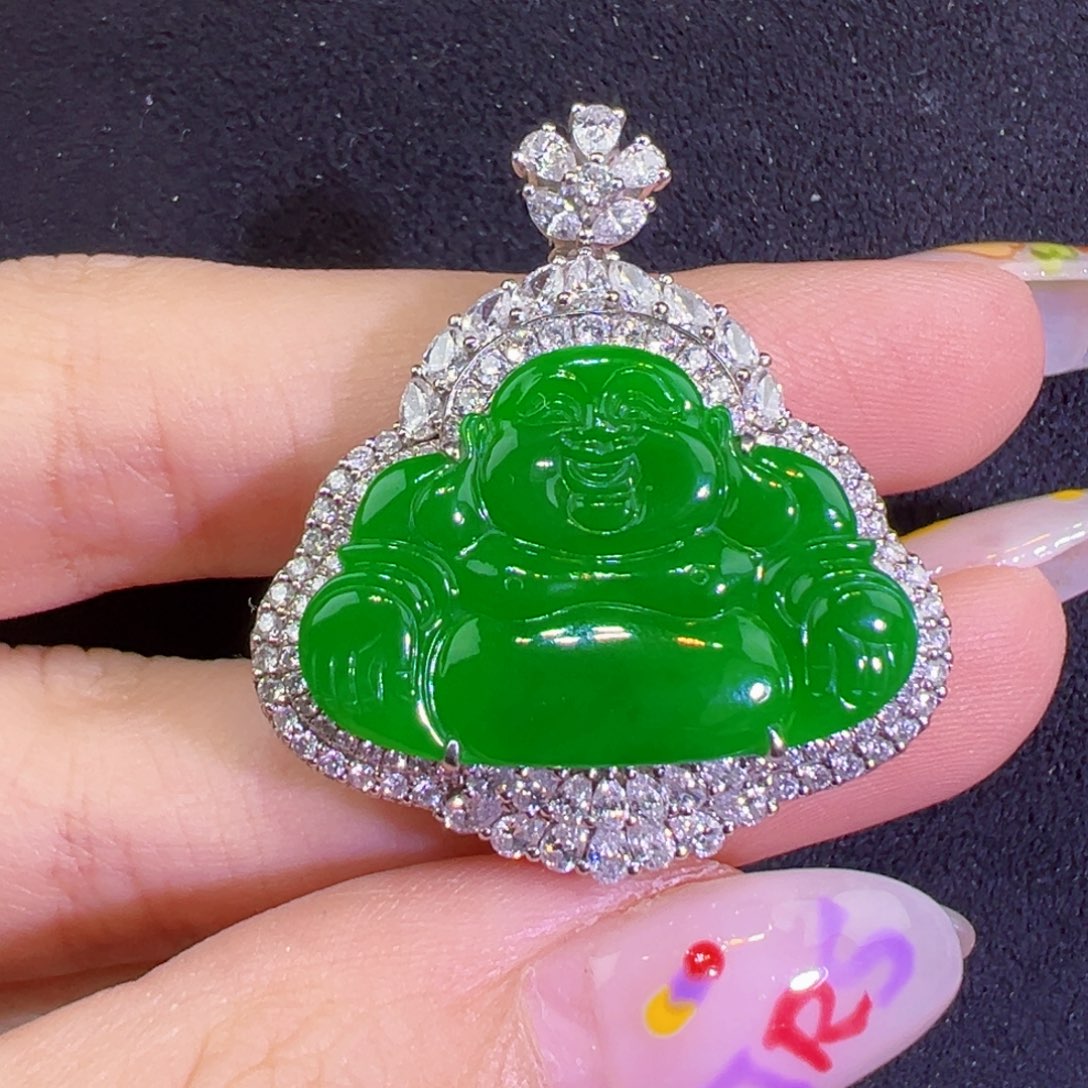 翡翠18K金镶嵌颈饰缅料阳绿佛公