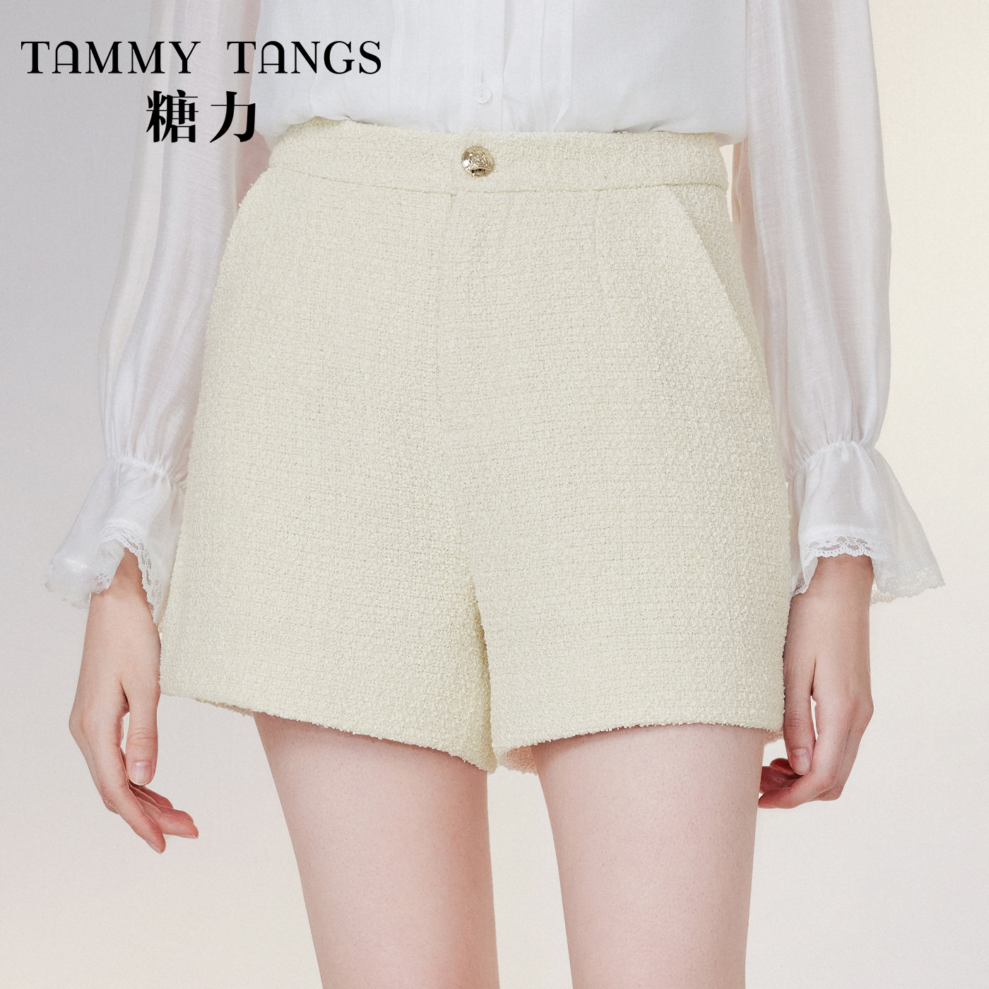 【官号专属】糖力 杏色千金小香风粗花呢休闲短裤高腰外穿靴裤