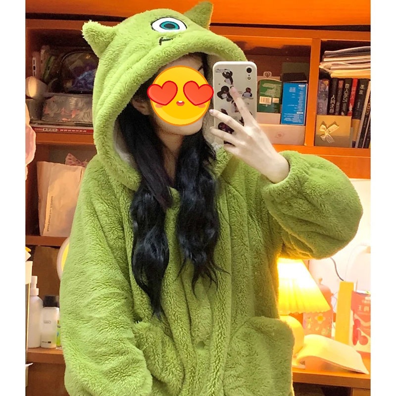 可爱大眼仔连帽珊瑚绒睡衣女2025年新款冬季单眼怪睡袍家居服冬