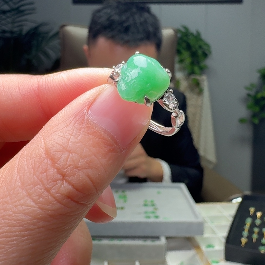 翡翠银S925镶嵌戒指天然