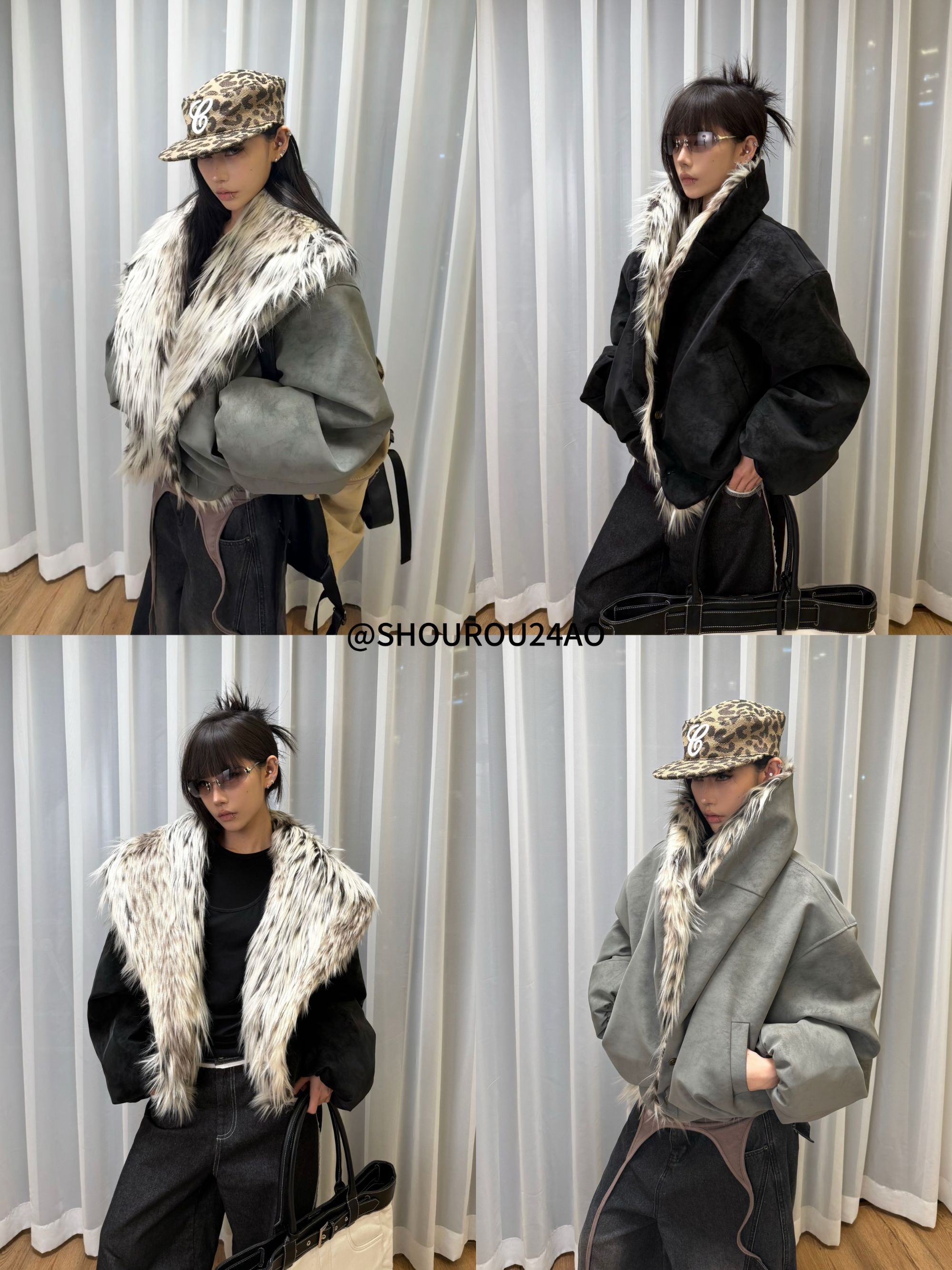 【24AO瘦小肉】冬季新款设计感保暖豹纹翻领大毛领外套V-1076