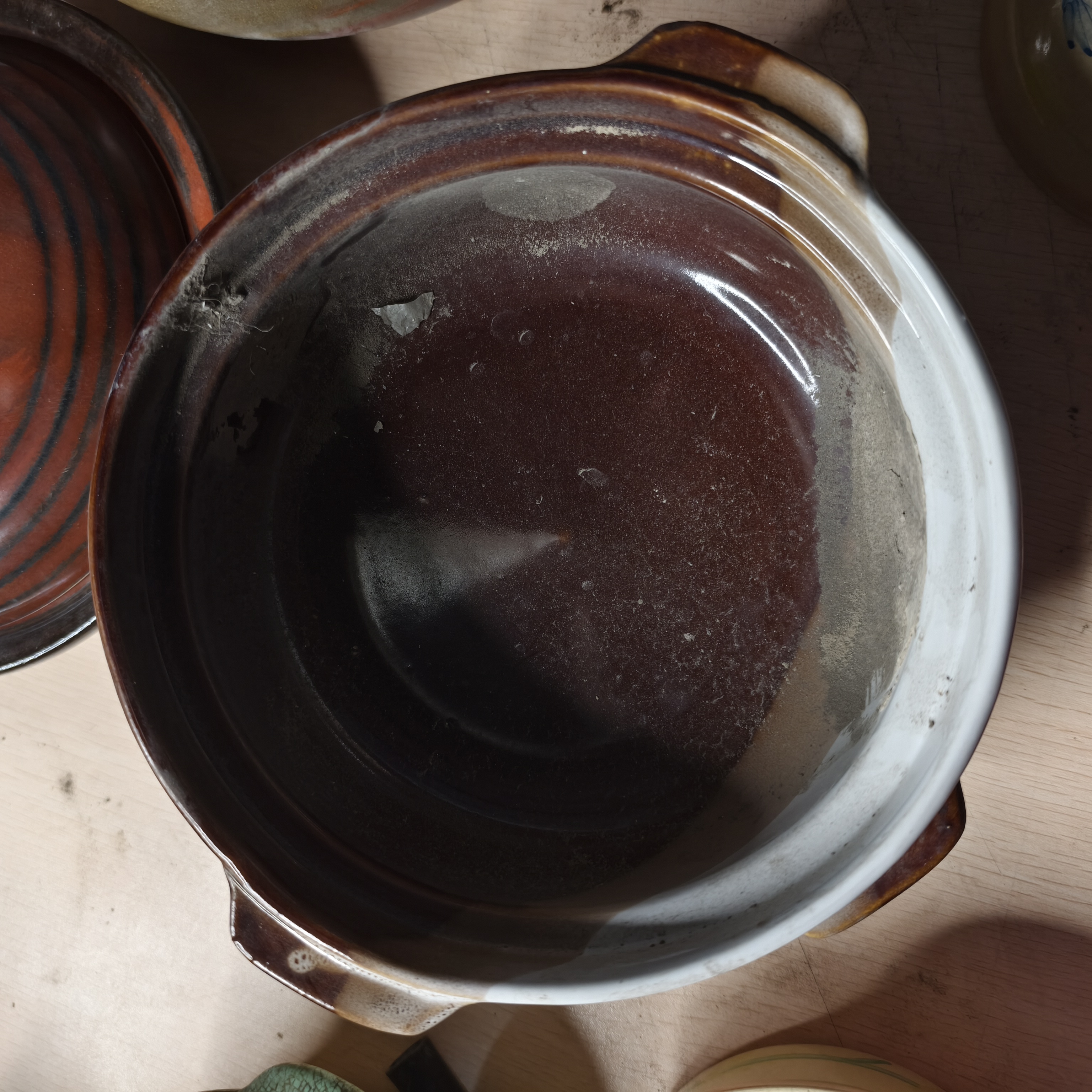 三色釉砂锅2个 无盖 口失圆介意勿拍