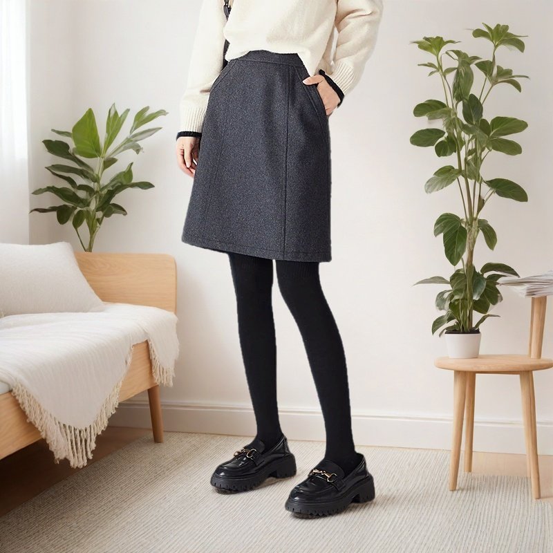 秋冬爆款香风毛呢加厚半身裙女胖mm高腰双口袋百搭通勤a字裙中裙