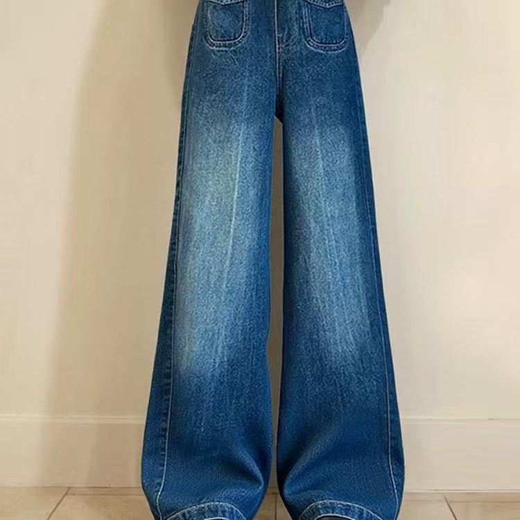 女款春季高腰阔腿复古蓝水洗牛仔裤显瘦宽松直筒拖地裤