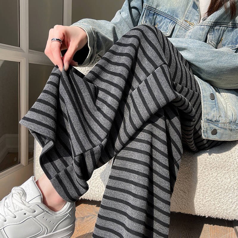 韩版抽绳条纹休闲裤女春季2025年高腰撞色百搭垂感宽松阔腿拖地裤