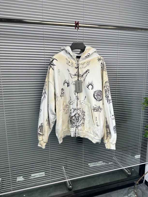 99新 Balenciaga/巴黎世家 24fw火烧泥染脏污纹身素描拉链外套