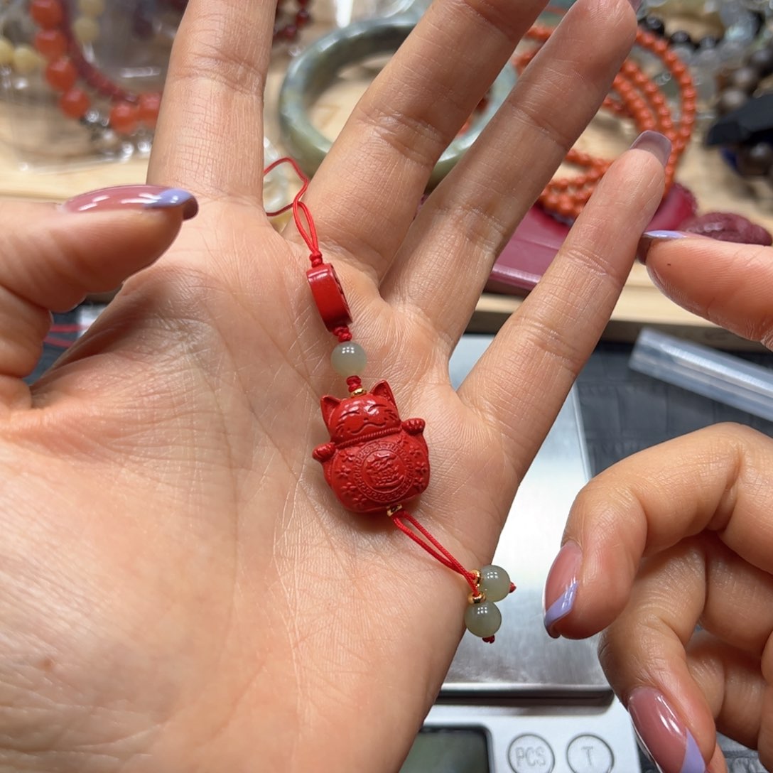 银S925镶嵌手链烟晶朱砂招财猫