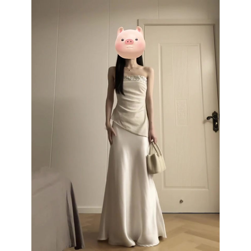 法式气质名媛风重工亮片不规则抹胸背心女夏季高腰缎面半身裙套装