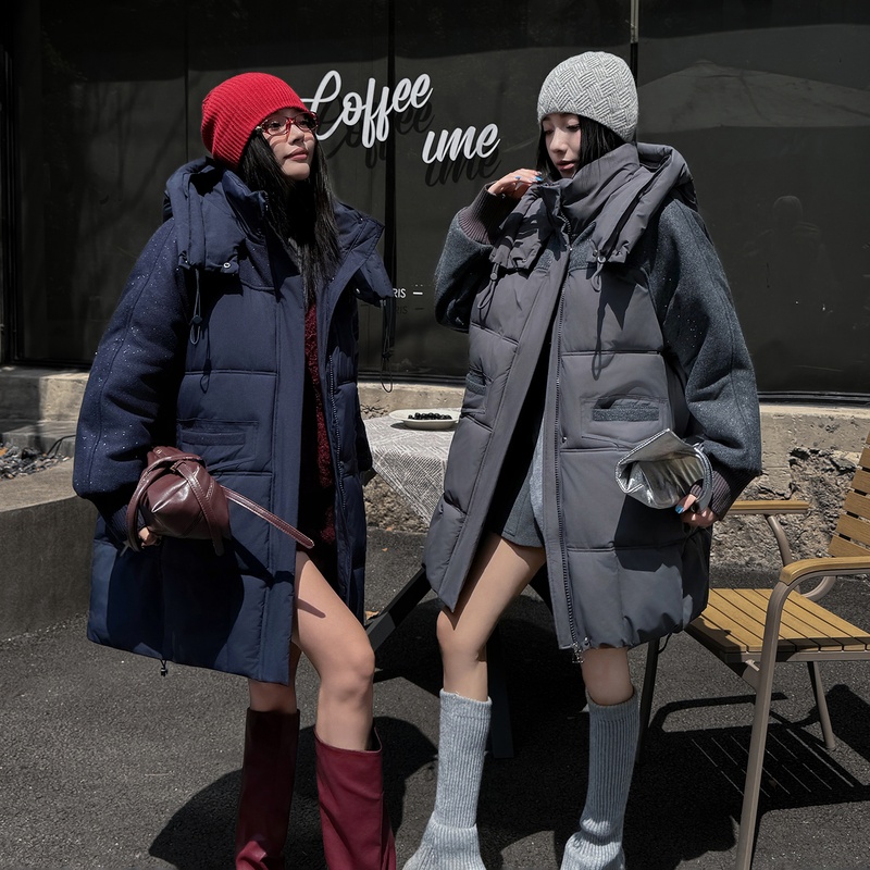 【双十二】欧版秋冬新款设计宽松中长大码加厚外套棉服潮毛呢拼接