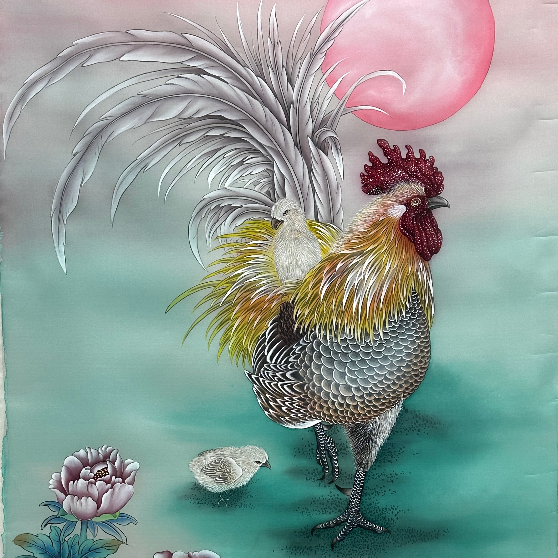 精品 绢本 工笔 大公鸡 富贵吉祥 手绘国画