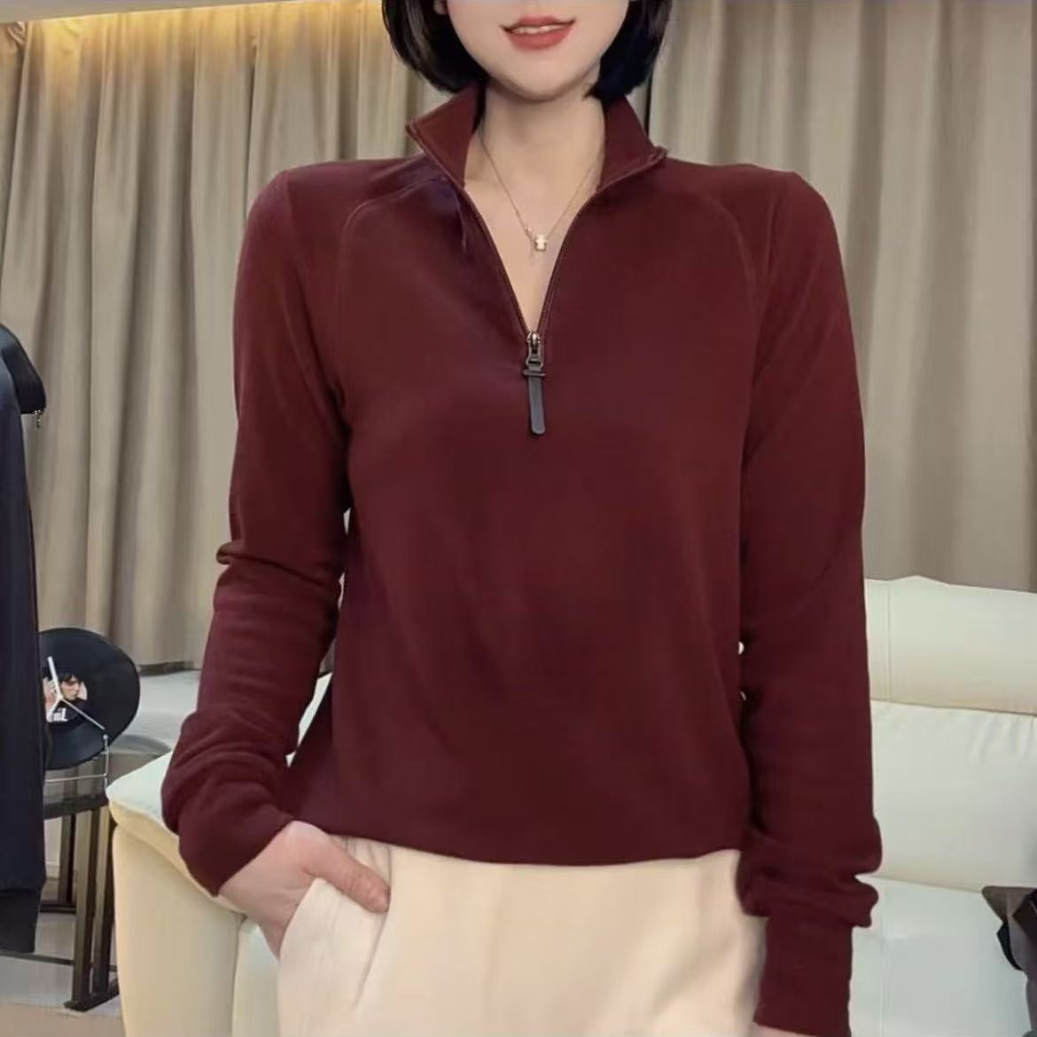 《058》 双面德绒保暖长袖Polo衫上衣时尚洋气显瘦遮肉假两件衬衣