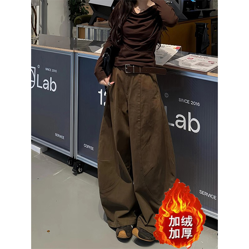 美式复古咖色弯刀阔腿牛仔裤女2025冬季新款高腰宽松显瘦拖地长裤