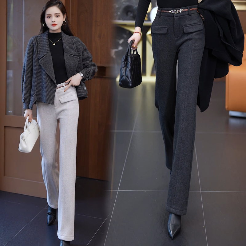 2025秋冬长裤休闲裤羊毛呢高腰针织窄版阔腿裤洋气休闲直筒女装