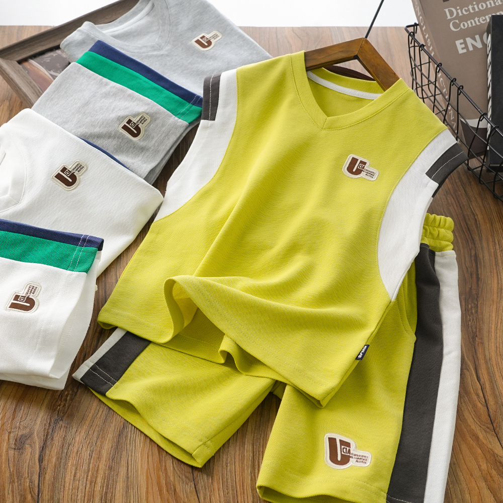 男童儿童夏季新款字母U刺绣V领背心套装中大童两件套百搭24X51
