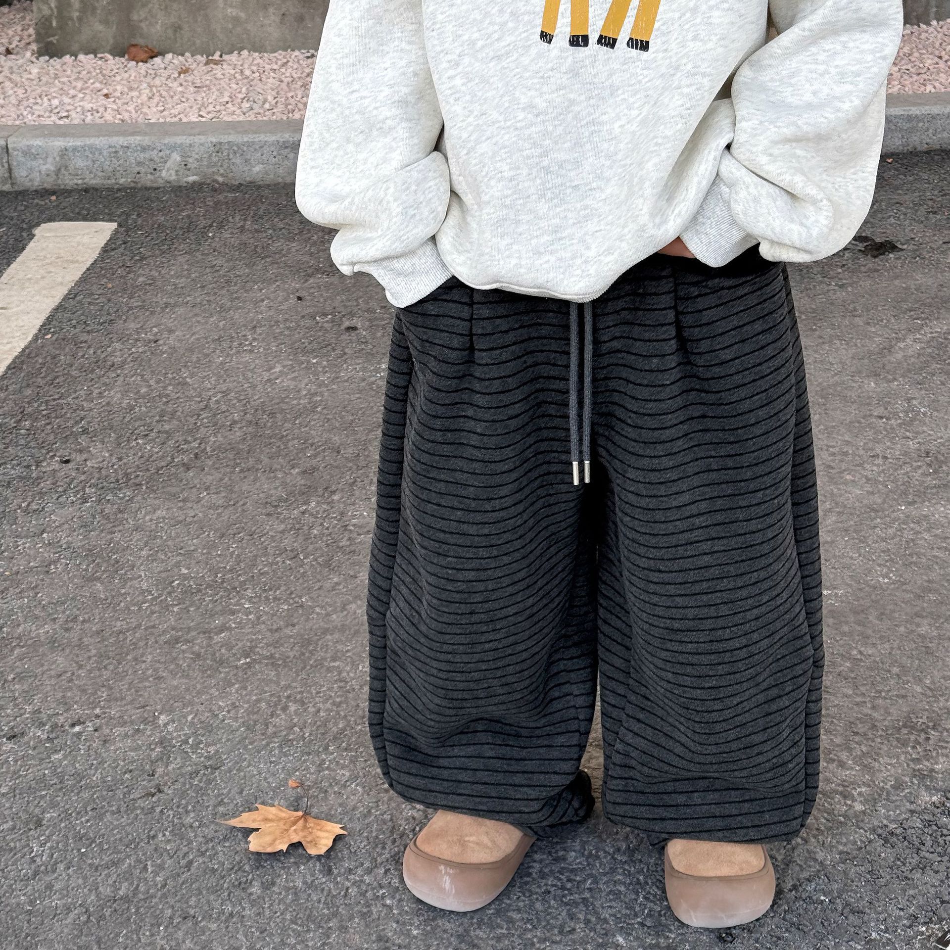 2025冬季新品儿童条纹裤加绒加厚暖暖裤男童韩系休闲保暖长裤