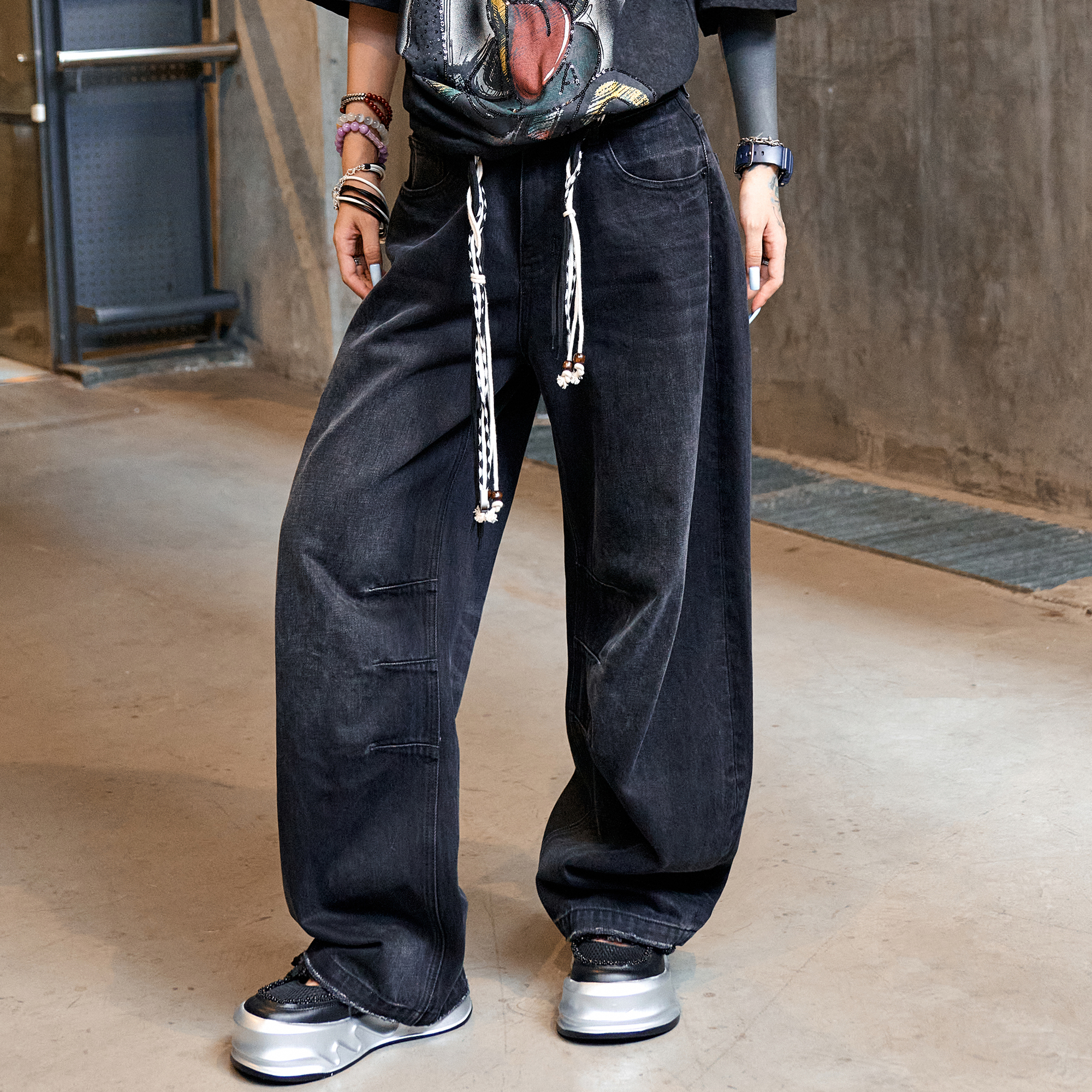 欧洲站2025秋季慵懒风侧边压线水洗弯刀裤爆款废土风美式潮牌裤子