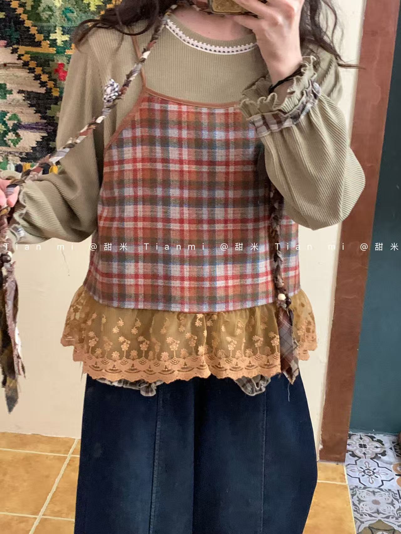 米多多  TM-7303-日系复古格子吊带 kc