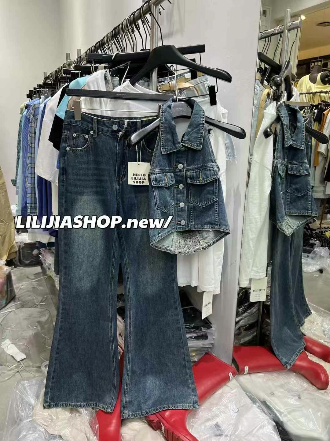 【花海漫步】韩版新款时尚洋气牛仔挂脖背心+高腰显瘦微喇牛仔款