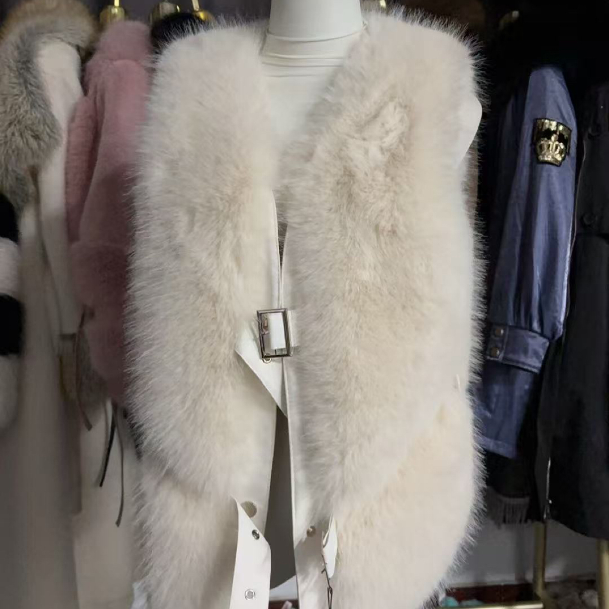 原创狐狸毛马甲新款V领千金秋冬季时尚高端拼接纯色坎肩马甲