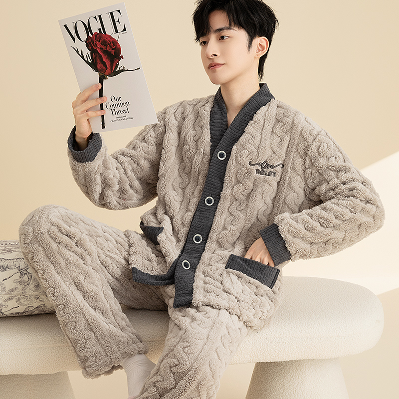 冬季男士睡衣2025秋冬季加厚加绒简约珊瑚绒可外穿家居服套装冬天