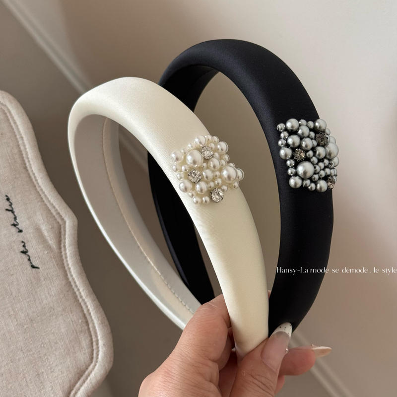 法式高级感水钻珍珠缎面发箍黑白百搭高颅顶海绵头箍新款时尚发饰