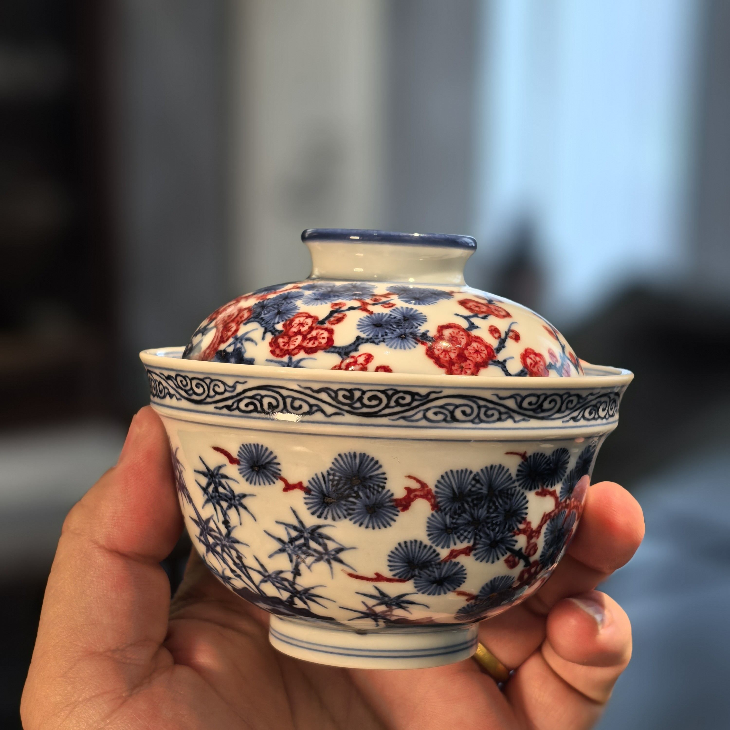 片云晚谷青花釉里红松竹梅盖碗