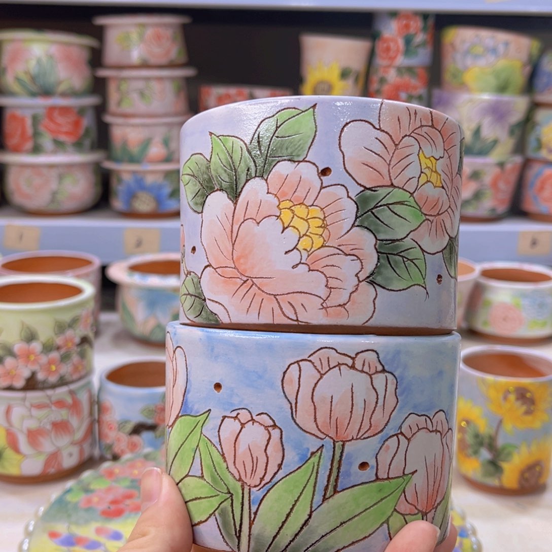 甜***圈红陶泥手绘多肉花盆