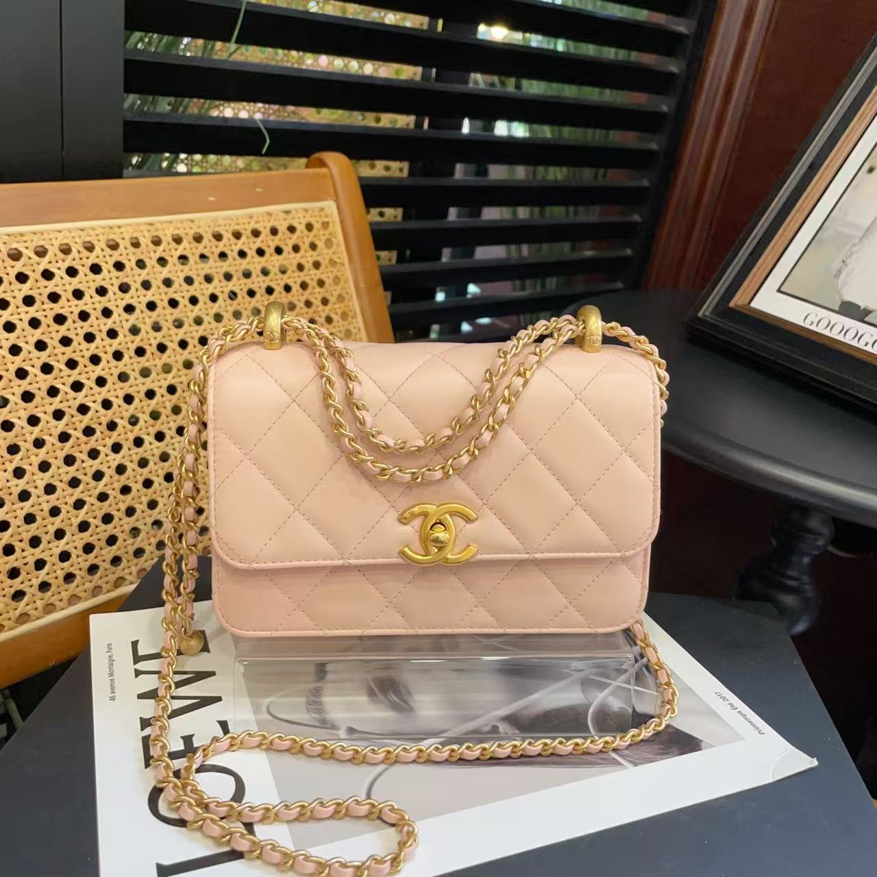 95新 Chanel/香奈儿 GGS香奈儿24c双金珠19粉色金扣牛皮67570659