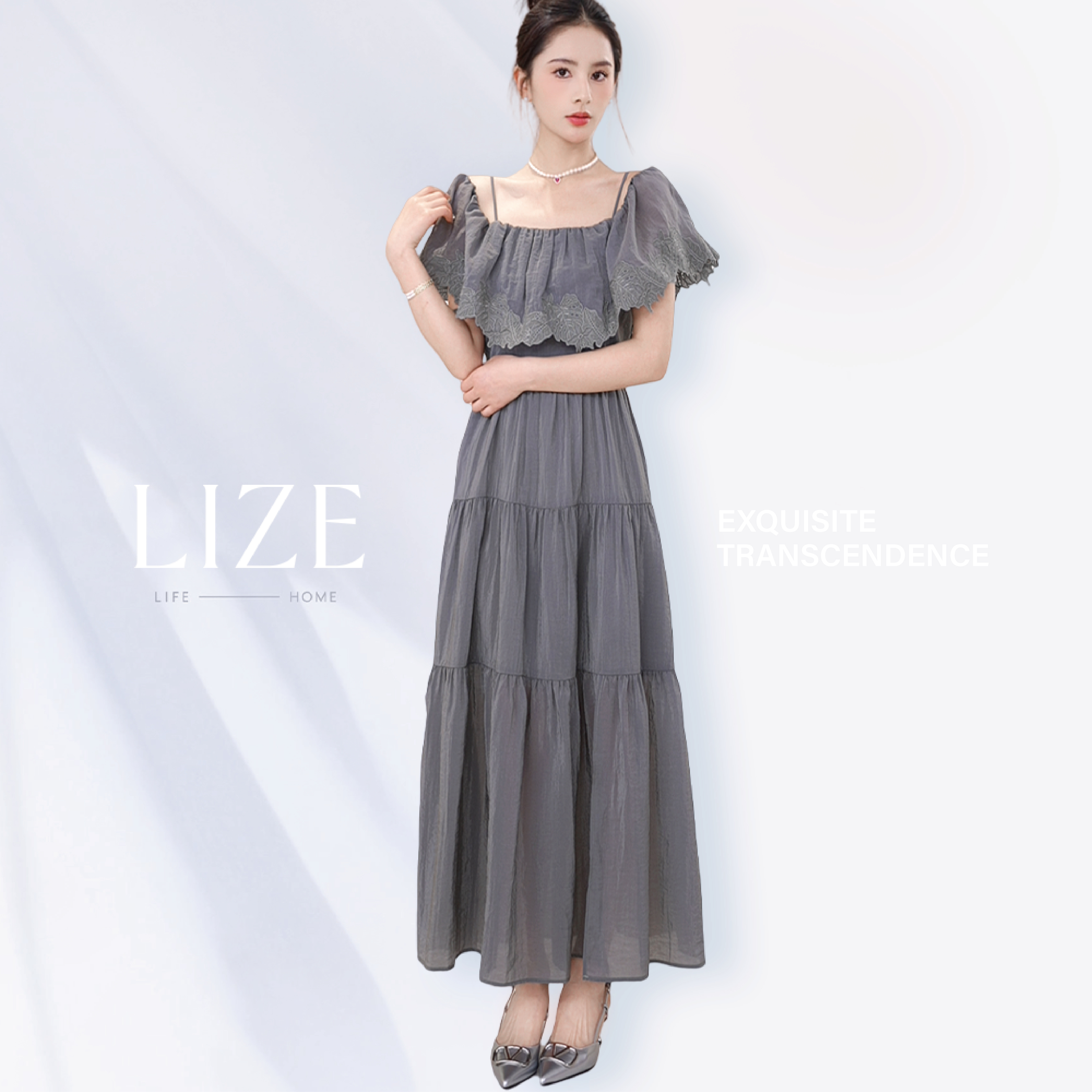 LIZE「绿野仙踪」重工浮雕刺绣 重磅醋酸鎏金光泽 荷叶边两穿连衣裙