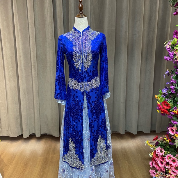 宝蓝色丝绒马甲气质连衣裙喇叭袖收腰显瘦优雅长裙盘金绣百褶设计