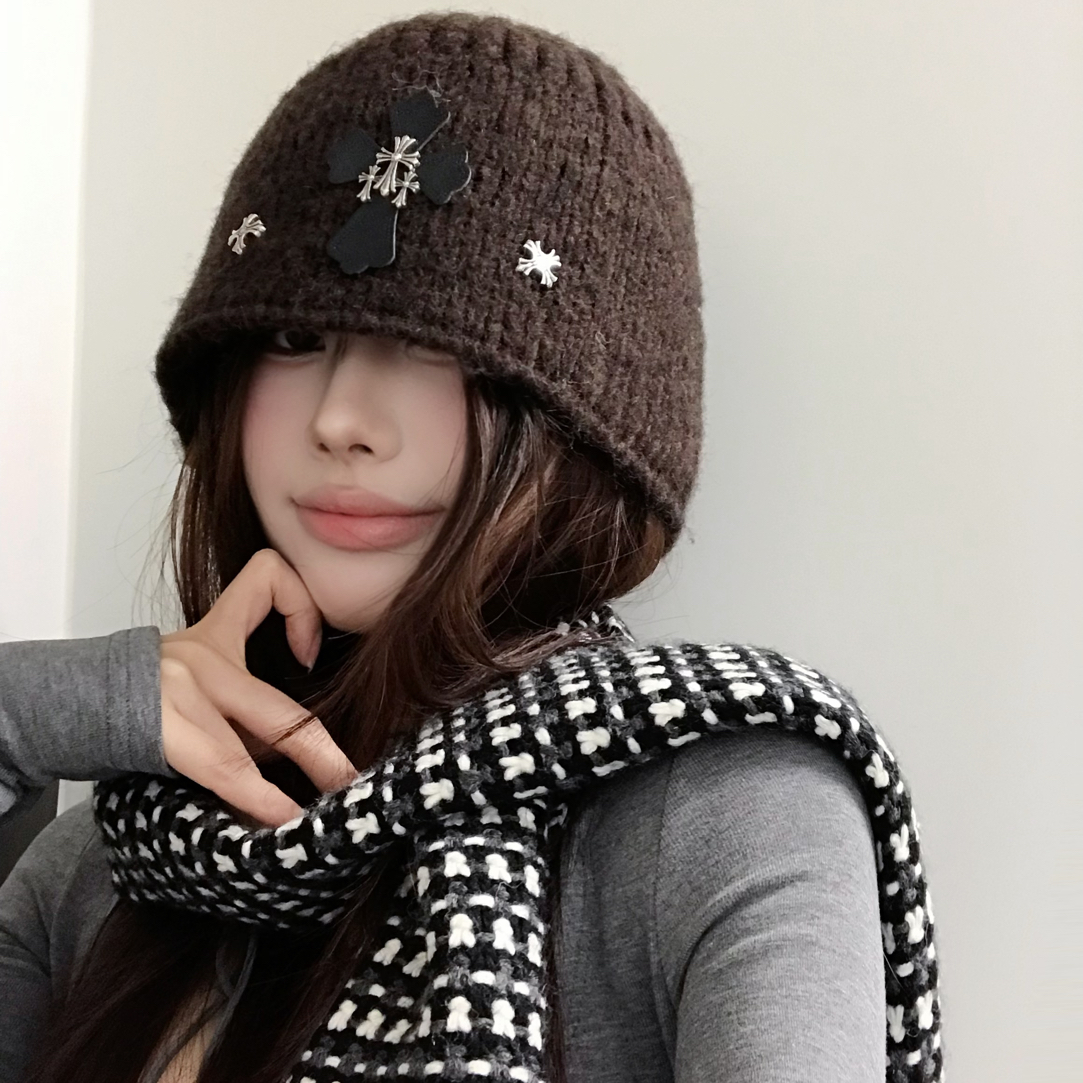 韩系秋冬氛围感复古十字针织帽大头围显脸小毛线帽百搭时尚冷帽