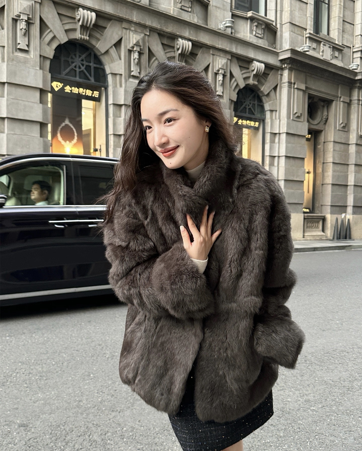 【雪儿Xueer】兔毛皮毛一体翻领宽松皮草外套