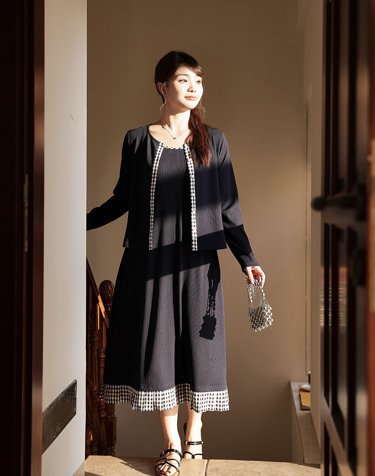 女格纹日韩休闲假两件款毛针织衫提花百搭开衫中长款女装复古