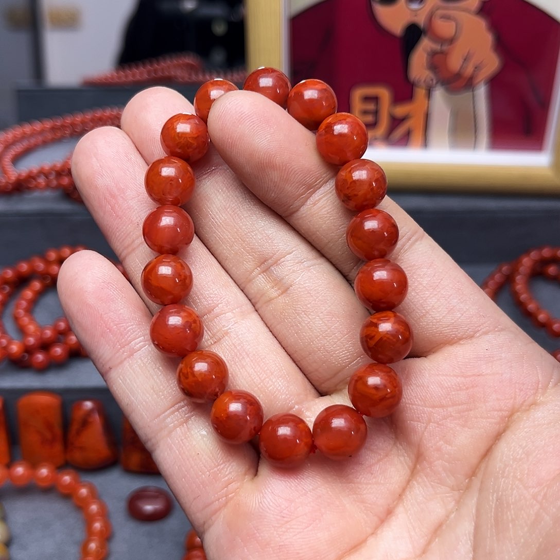 南红玛瑙手串未镶嵌原矿瓦西柿子红冰底火焰纹卡10mm+
