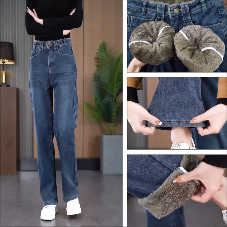 保暖秋冬加绒加厚2025女高腰牛仔裤弹力窄版直筒裤宽松阔腿裤时髦