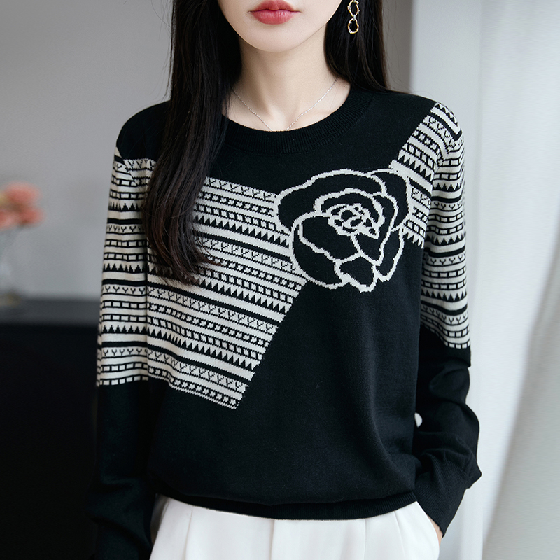 提花毛衣女春秋大码圆领针织衫宽松显瘦遮肚子薄款洋气上衣打底衫