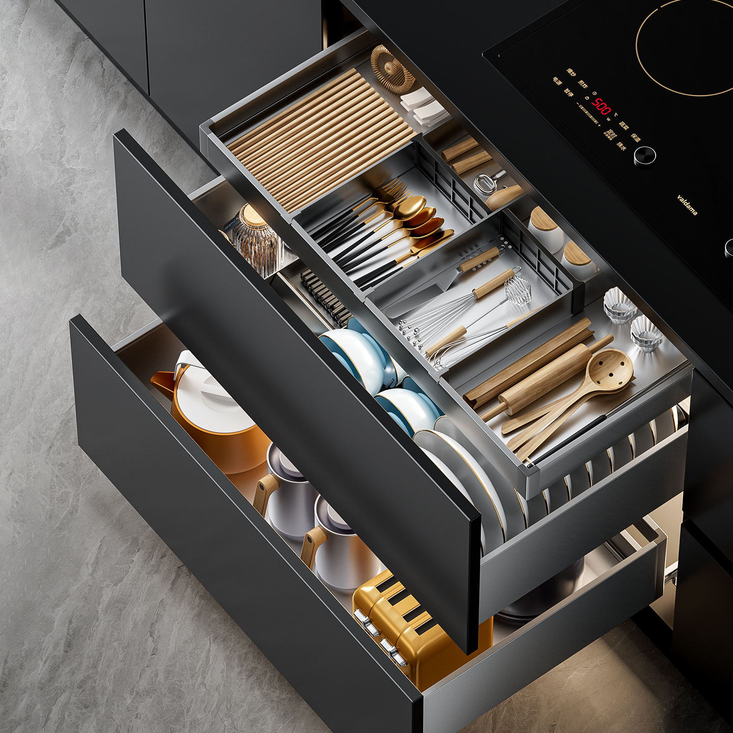 三层铝合金太空铝拉篮厨房橱柜加粗抽屉式收纳厨房拉篮双层抽屉式