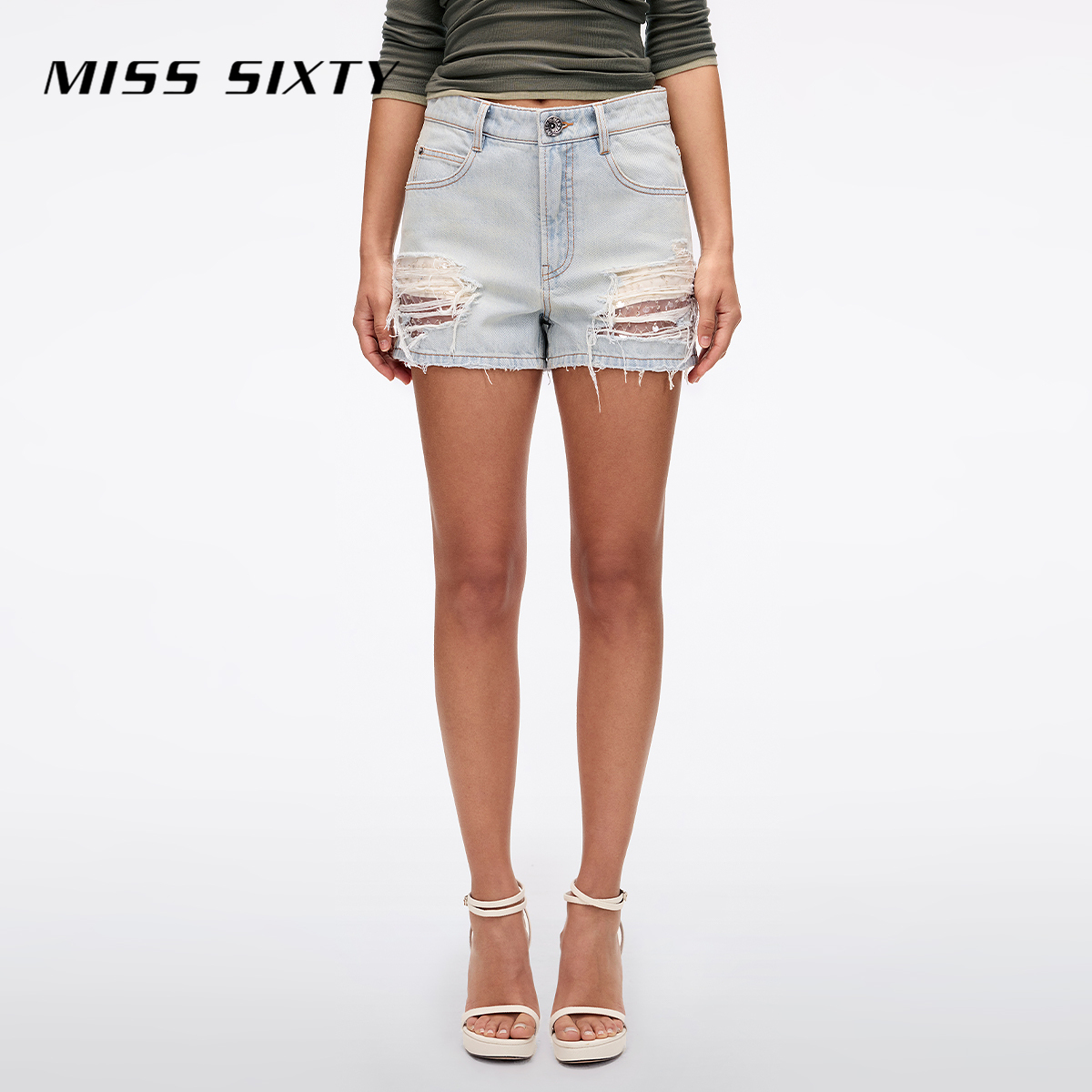 Miss Sixty2025夏季新款牛仔短裤女网纱拼接破洞毛须边百搭休闲