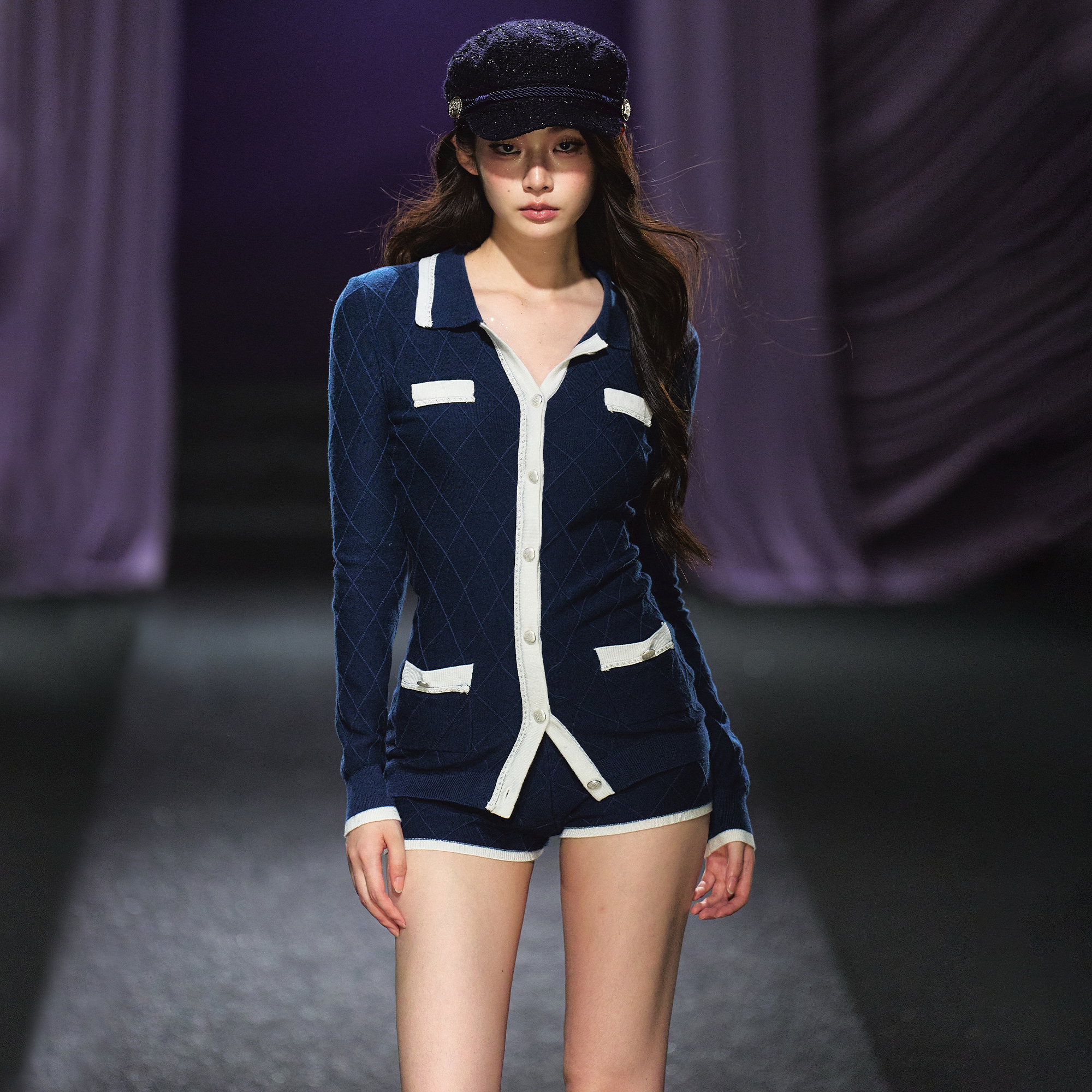 AGAM STUDIO 小香风菱格针织衫套装女秋季修身上衣/短裤两件套