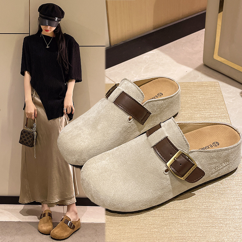 复古森女风休闲勃肯鞋2025春季新款皮带扣包头内半拖鞋女外穿
