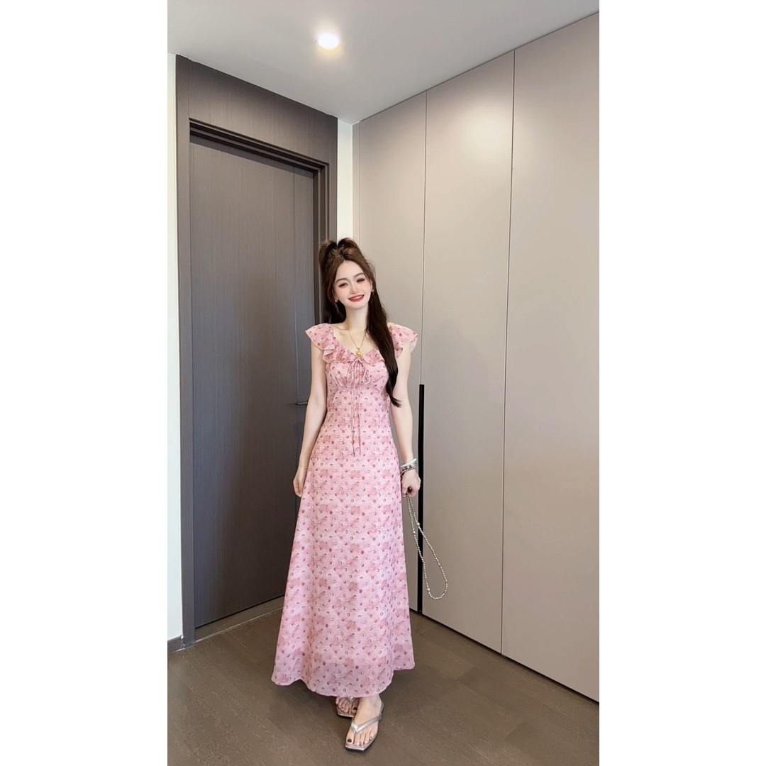 法式复古波点扎染收腰荷叶波点连衣裙女夏季2025新款显瘦气质长裙