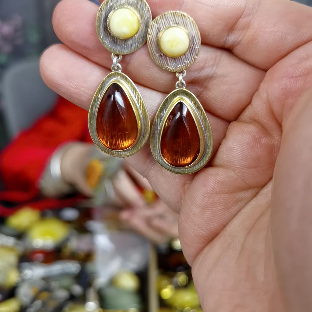 琥珀耳饰银S925镶嵌耳环