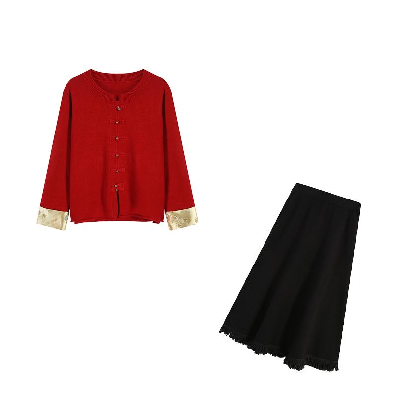 周周-大码女装针织刺绣上衣LT22115黑色长半裙ZL98869套装裙子