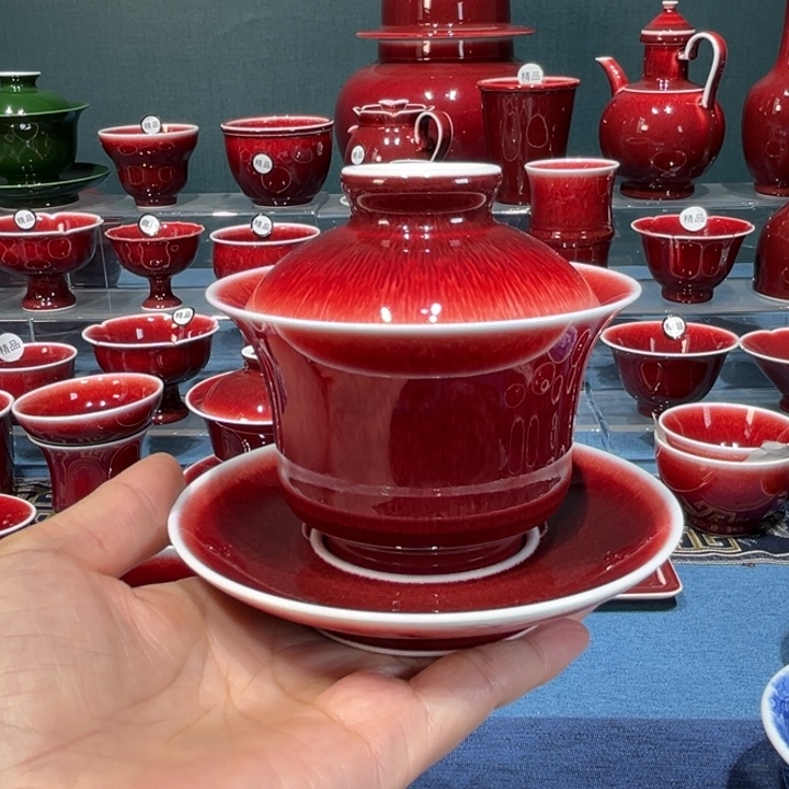 雷***3景德镇陶瓷浅行窑三才马蹄盖碗