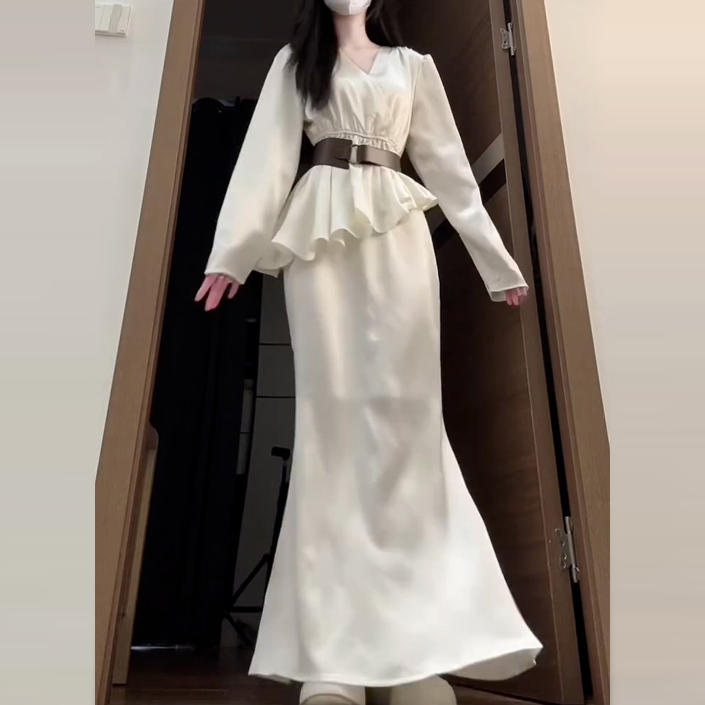 【现货+运补】韩系氛围感不规则衬衫连衣裙鱼尾长裙7641