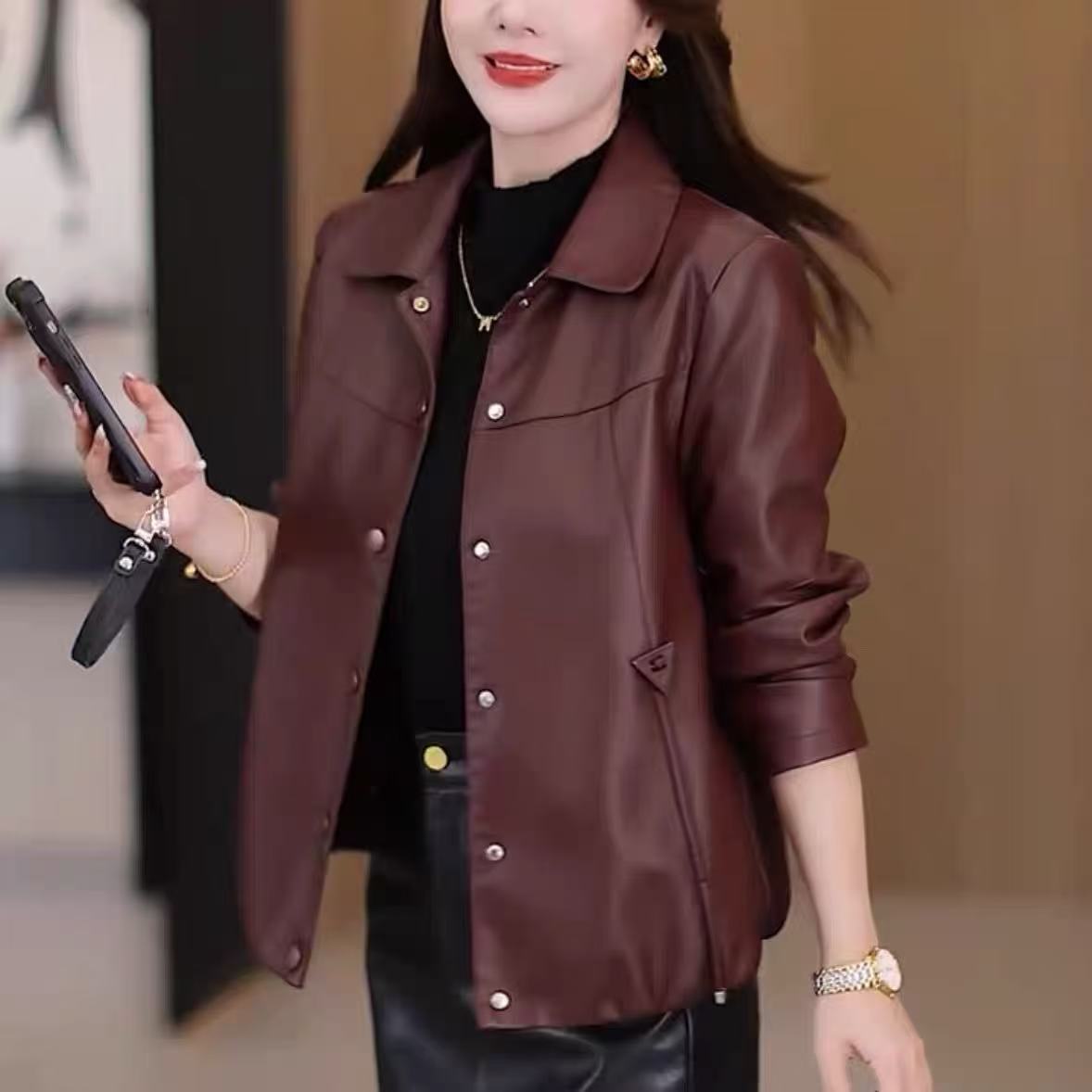 J123短款皮衣外套女春秋季皮衣外套新款洋气尖领显瘦百搭上衣