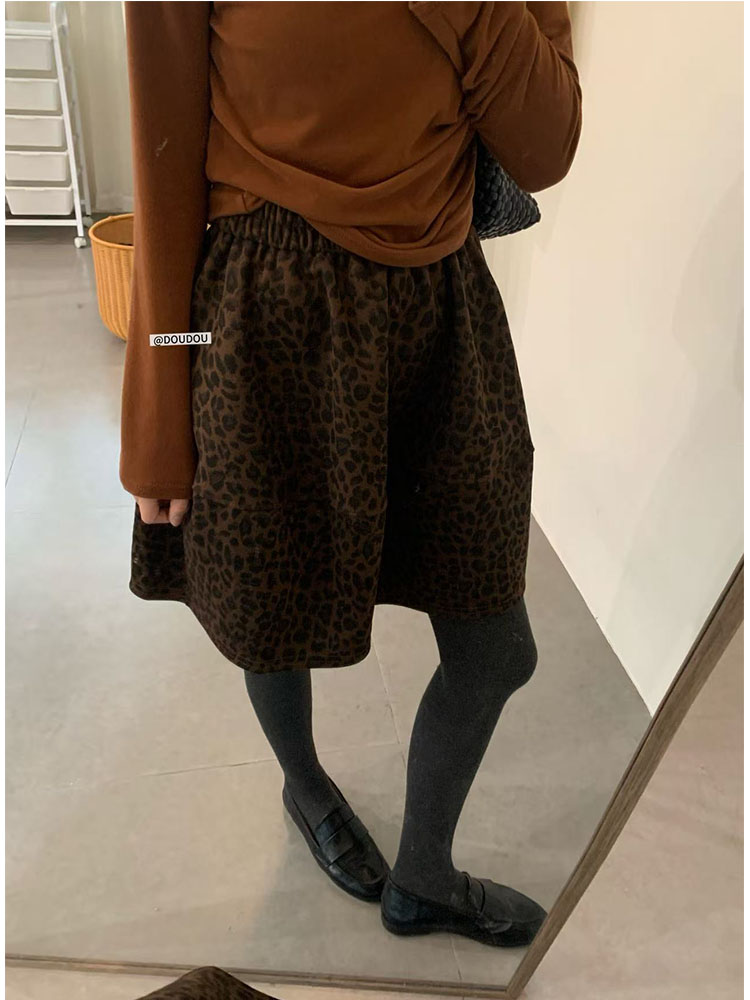 【豆豆】韩系复古气质豹纹毛呢花苞裙冬季显瘦A版氛围感百搭半身裙